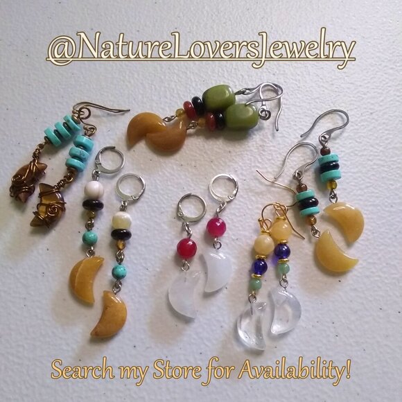 Wire Wrapped Tigereye Moon + Turquoise Howlite ~ One-of-a-kind Dangle Earrings - Picture 12 of 13